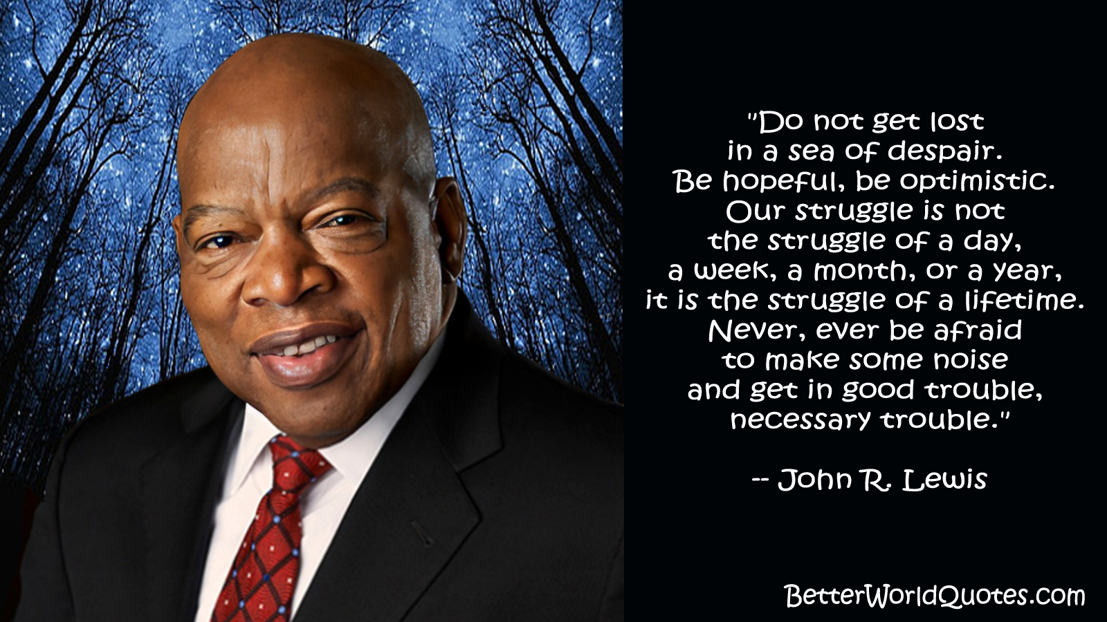 John R. Lewis: Do not get lost in a sea of despair. Be hopeful, be optimistic. Our struggle is not the struggle of a day, a week, a month, or a year, it is the struggle of a lifetime. Never, ever be afraid to make some noise and get in good trouble, necessary trouble.